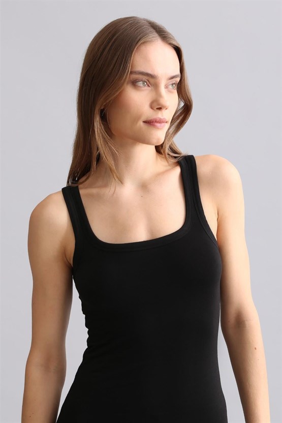 Mısırlı Modal by TENCEL U HELEN Kalın Askılı Long T-Shirt / Atlet Siyah