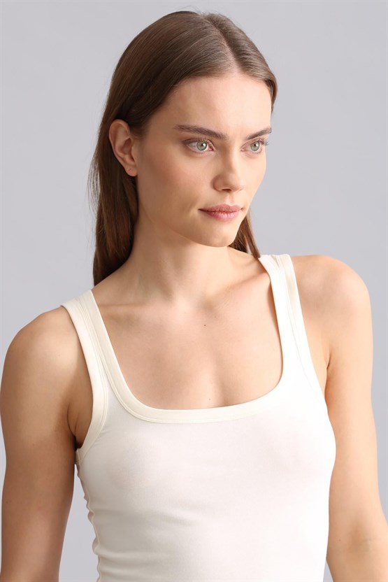 Mısırlı Modal by TENCEL U HELEN Kalın Askılı Long T-Shirt / Atlet Ekru