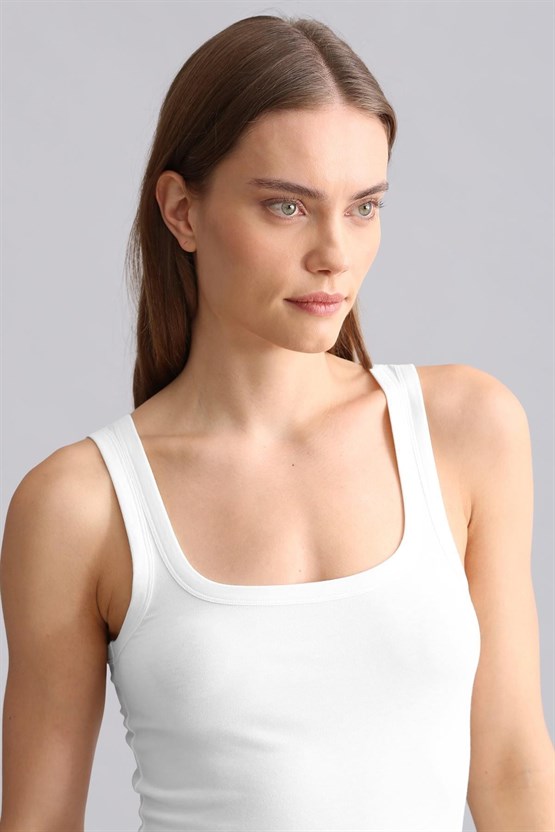 Mısırlı Modal by TENCEL U HELEN Kalın Askılı Long T-Shirt / Atlet Beyaz