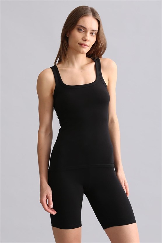 Mısırlı Modal by TENCEL U HELEN Kalın Askılı Long T-Shirt / Atlet Siyah