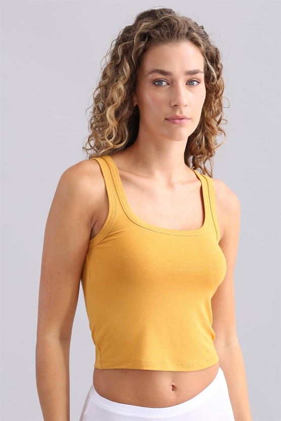 Mısırlı Modal by TENCEL U HELEN Kalın Askılı Crop / T-Shirt Hardal
