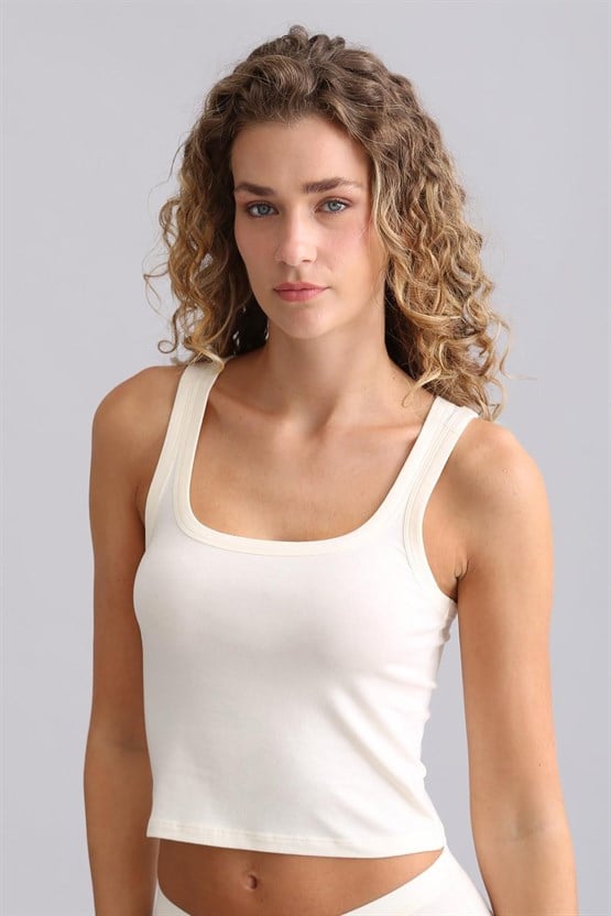 Mısırlı Modal by TENCEL U HELEN Kalın Askılı Crop / T-Shirt Ekru