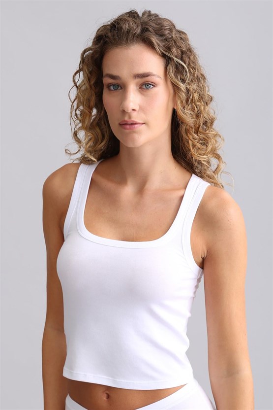 Mısırlı Modal by TENCEL U HELEN Kalın Askılı Crop / T-Shirt Beyaz