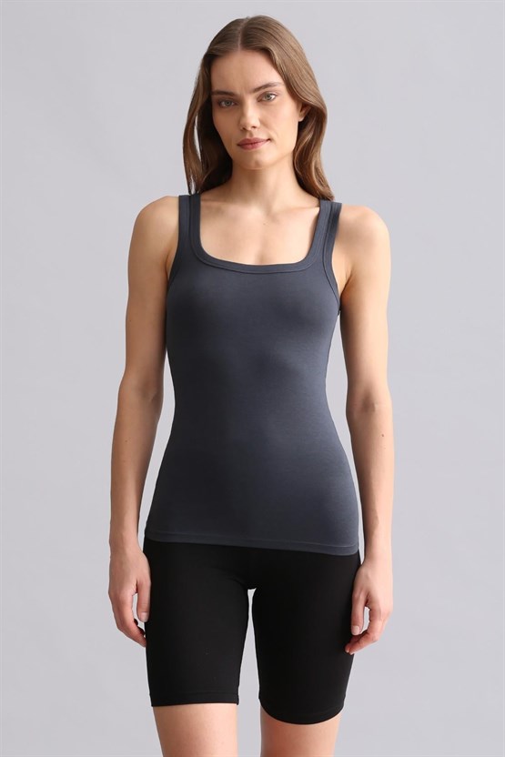 Mısırlı Modal by TENCEL U HELEN Kalın Askılı Long T-Shirt / Atlet Antrasit