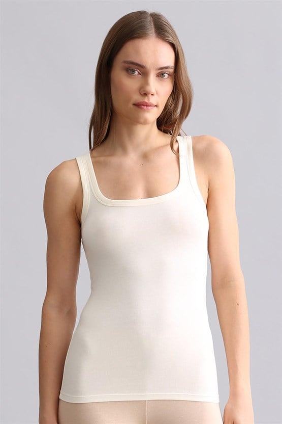 Mısırlı Modal by TENCEL U HELEN Kalın Askılı Long T-Shirt / Atlet Ekru