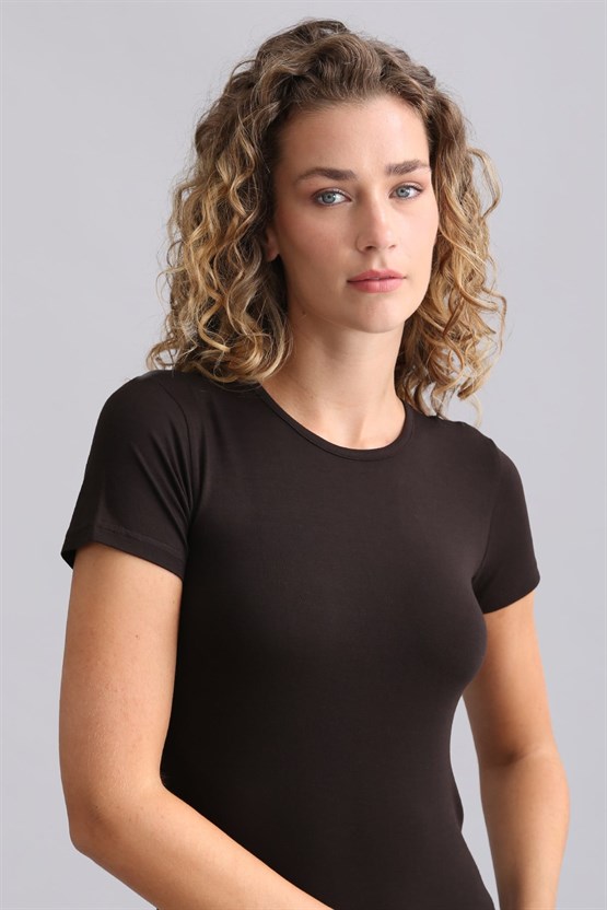 Mısırlı Modal by TENCEL VICTORIA Bisiklet Yaka Fanila / T-Shirt Kahverengi