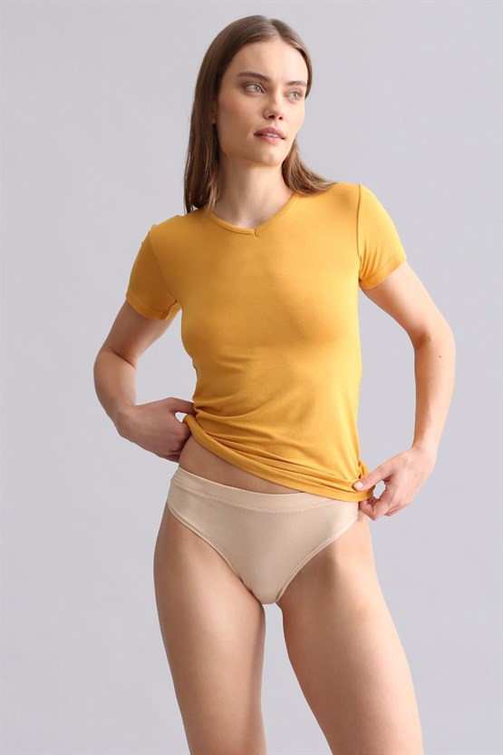 Mısırlı Modal by TENCEL VICTORIA V Yaka Fanila / T-Shirt Hardal