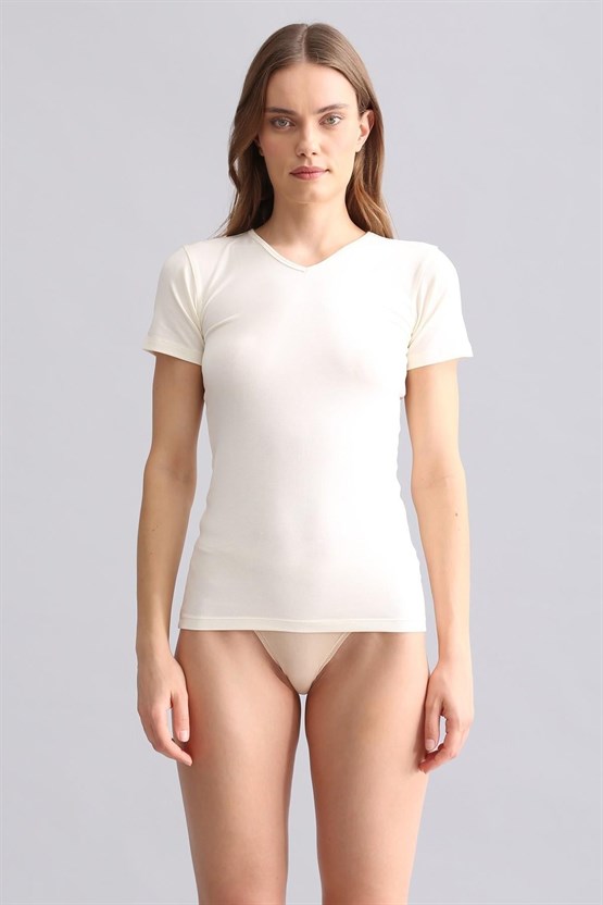 Mısırlı Modal by TENCEL VICTORIA V Yaka Fanila / T-Shirt Ekru