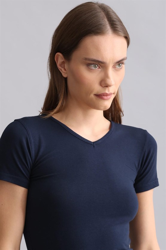 Mısırlı Modal by TENCEL VICTORIA V Yaka Fanila / T-Shirt Lacivert