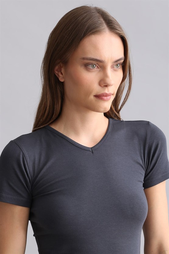 Mısırlı Modal by TENCEL VICTORIA V Yaka Fanila / T-Shirt Antrasit