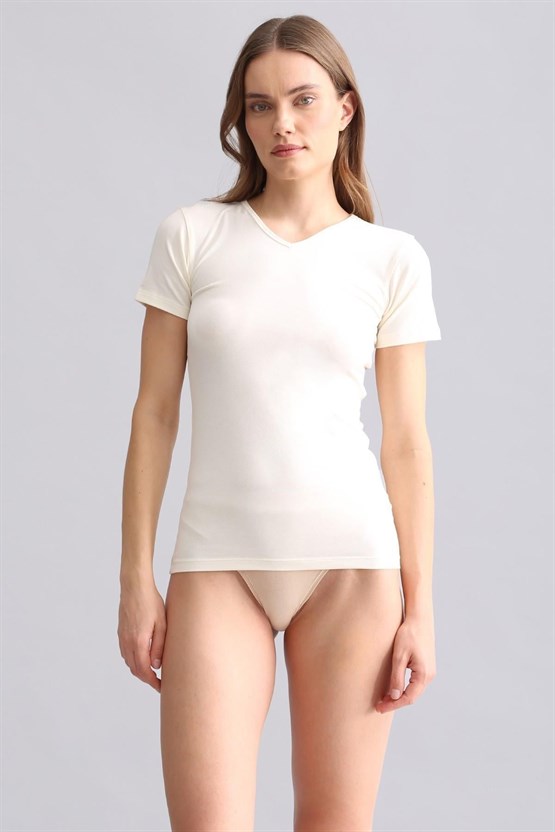 Mısırlı Modal by TENCEL VICTORIA V Yaka Fanila / T-Shirt Ekru