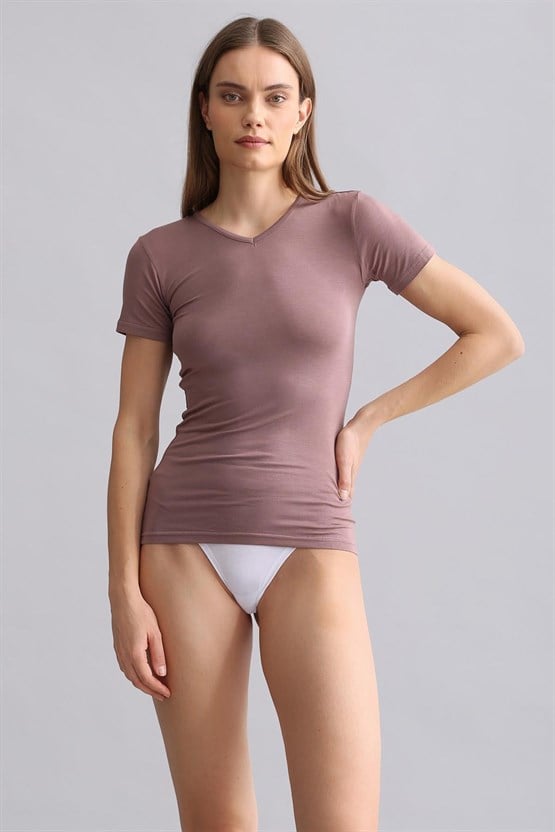 Mısırlı Modal by TENCEL VICTORIA V Yaka Fanila / T-Shirt Lavender