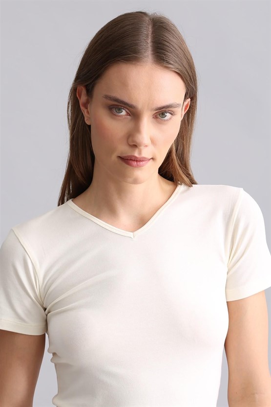 Mısırlı Modal by TENCEL VICTORIA V Yaka Fanila / T-Shirt Ekru