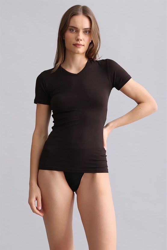 Mısırlı Modal by TENCEL VICTORIA V Yaka Fanila / T-Shirt Kahverengi