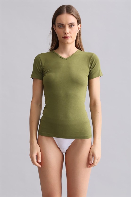 Mısırlı Modal by TENCEL VICTORIA V Yaka Fanila / T-Shirt Haki