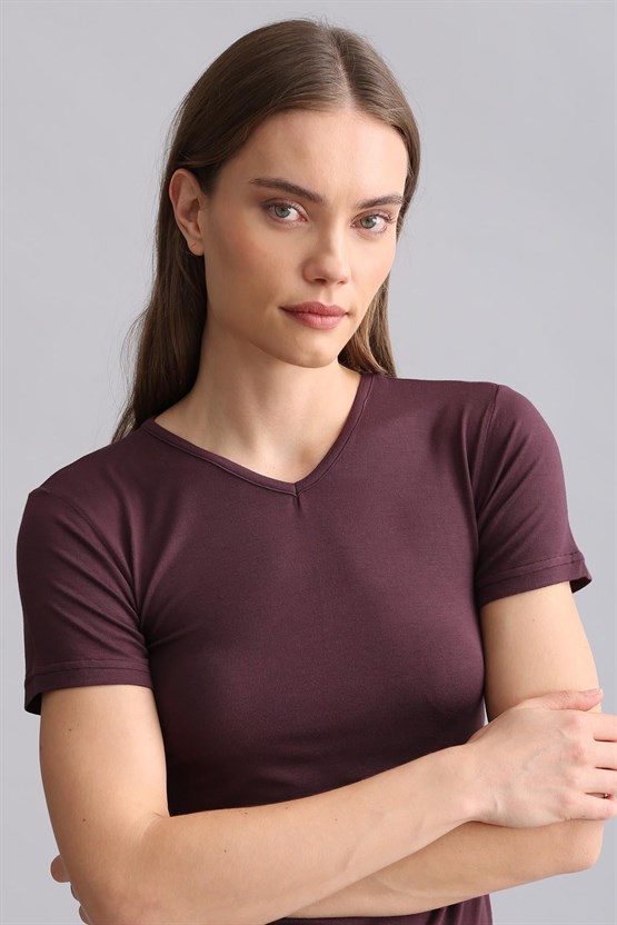 Mısırlı Modal by TENCEL VICTORIA V Yaka Fanila / T-Shirt Mor