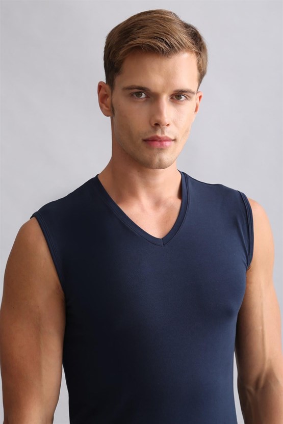 Mısırlı ORGANIC Pamuklu HERCULES Slim Fit V Yaka Sporcu Atlet / T-Shirt Lacivert