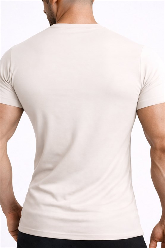 Mısırlı ORGANIC Pamuklu HERCULES Slim Fit Bisiklet Yaka Fanila / T-Shirt Toprak Bej