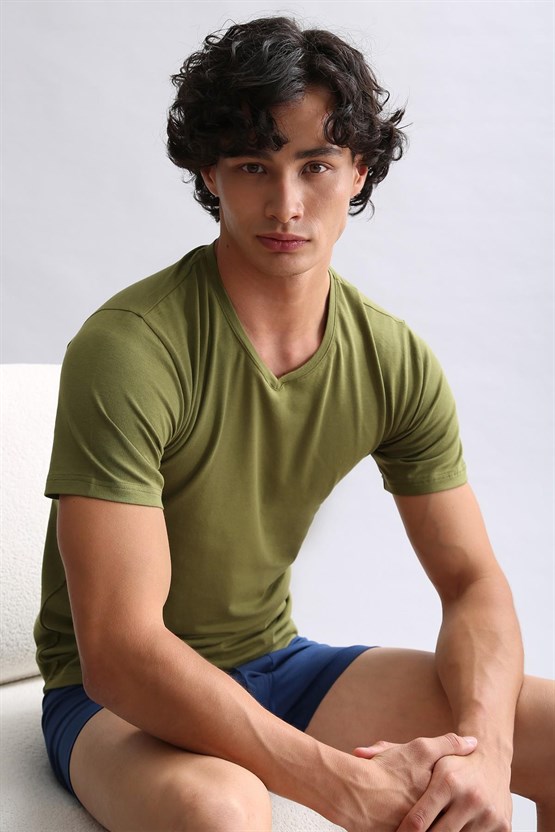Mısırlı ORGANIC Pamuklu HERCULES Slim Fit V Yaka Fanila / T-Shirt Haki