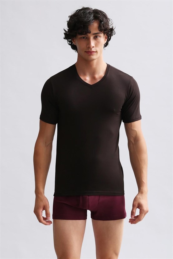 Mısırlı ORGANIC Pamuklu HERCULES Slim Fit V Yaka Fanila / T-Shirt Kahverengi
