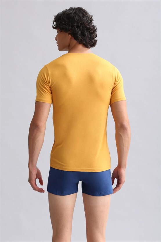 Mısırlı ORGANIC Pamuklu HERCULES Slim Fit V Yaka Fanila / T-Shirt Hardal