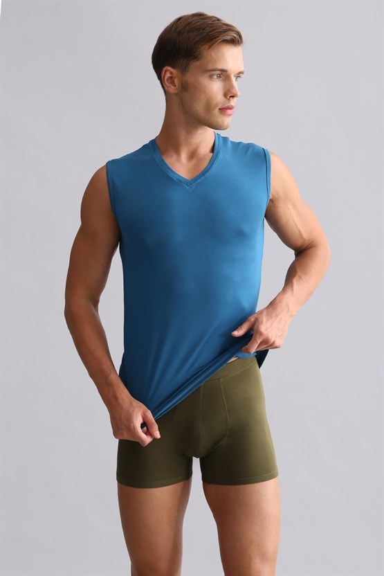 Mısırlı ORGANIC Pamuklu HERCULES Slim Fit V Yaka Sporcu Atlet / T-Shirt Petrol