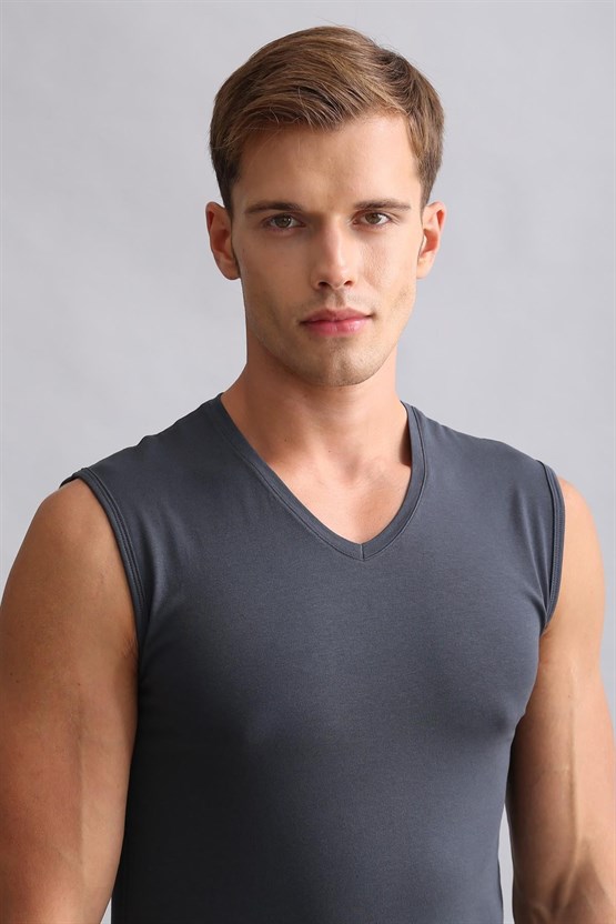 Mısırlı ORGANIC Pamuklu HERCULES Slim Fit V Yaka Sporcu Atlet / T-Shirt Antrasit