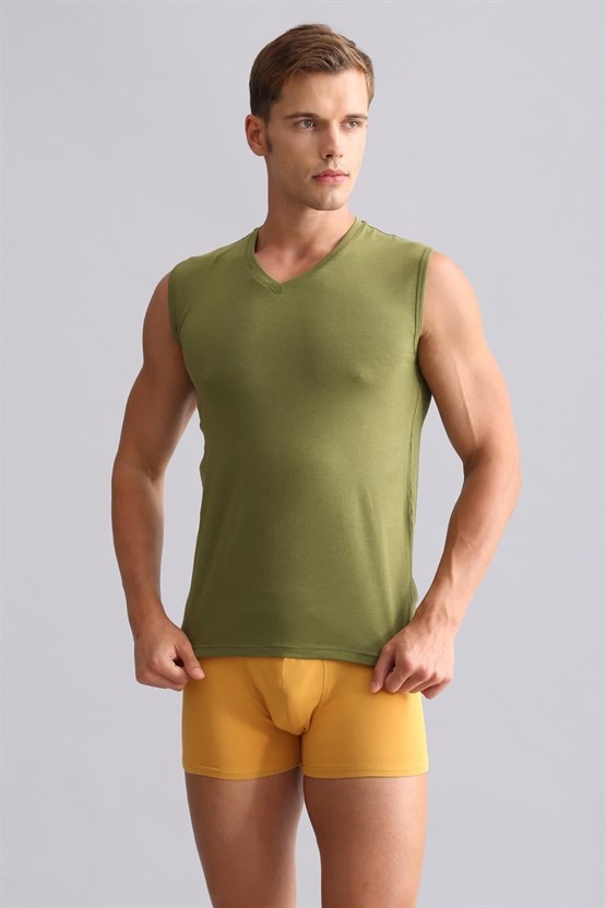 Mısırlı ORGANIC Pamuklu HERCULES Slim Fit V Yaka Sporcu Atlet / T-Shirt Haki