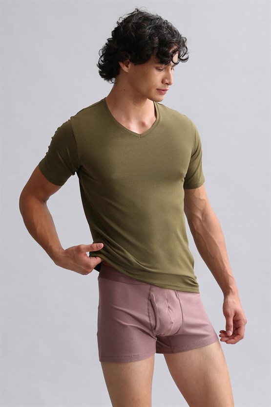 Mısırlı ORGANIC Pamuklu HERCULES Slim Fit V Yaka Fanila / T-Shirt Koyu Haki