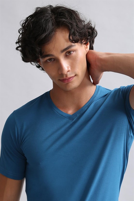 Mısırlı ORGANIC Pamuklu HERCULES Slim Fit V Yaka Fanila / T-Shirt Petrol