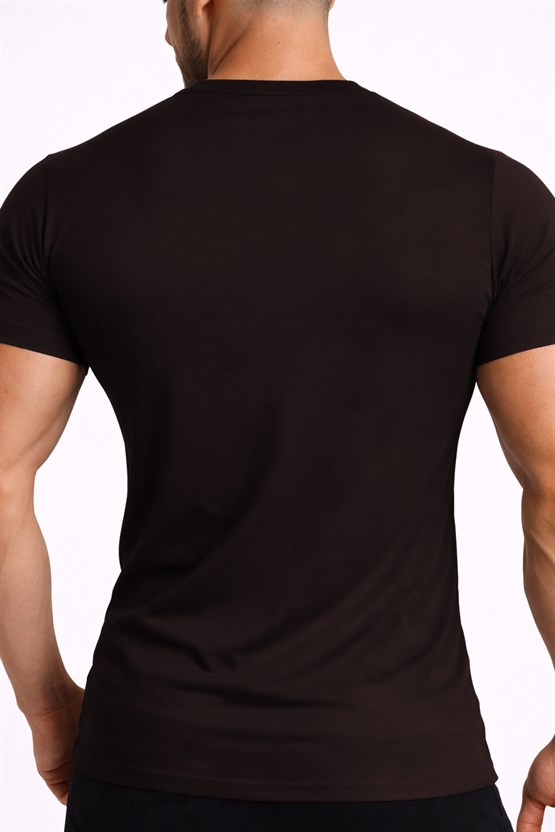 Mısırlı ORGANIC Pamuklu HERCULES Slim Fit Bisiklet Yaka Fanila / T-Shirt Kahverengi