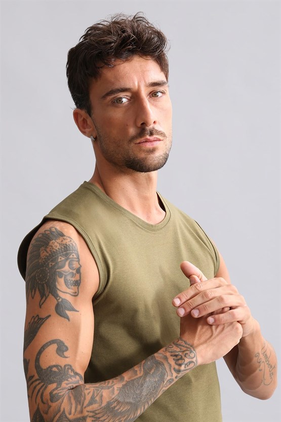 Mısırlı ORGANIC Pamuklu HERCULES Slim Fit Bisiklet Yaka Sporcu Atlet / T-Shirt Koyu Haki