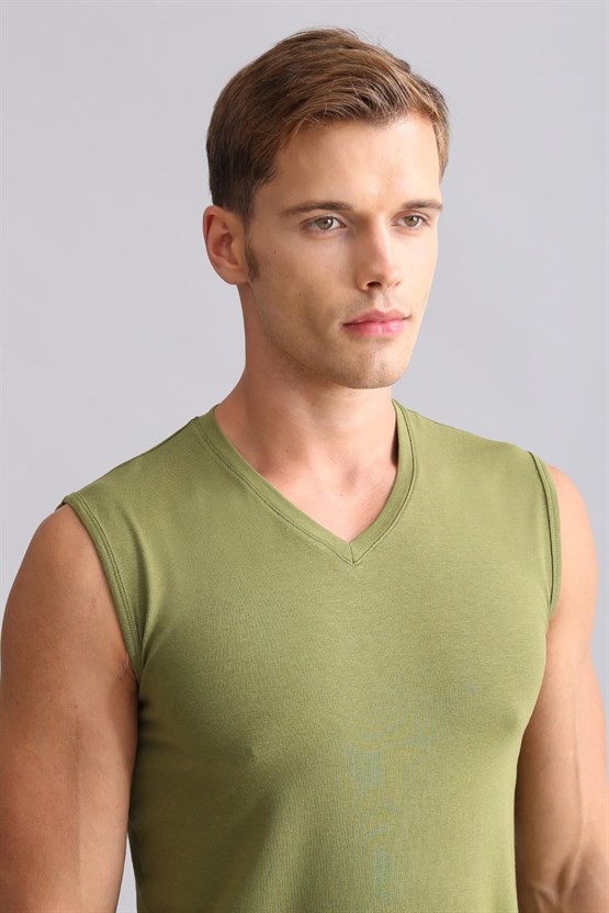 Mısırlı ORGANIC Pamuklu HERCULES Slim Fit V Yaka Sporcu Atlet / T-Shirt Haki