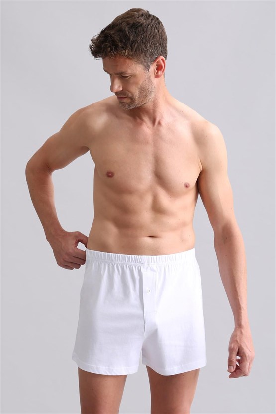 Mısırlı ORGANIC Pamuklu Relaks Loose Fit Düğmeli Ekstra Bol Kesim Uzun Şort Boxer Beyaz