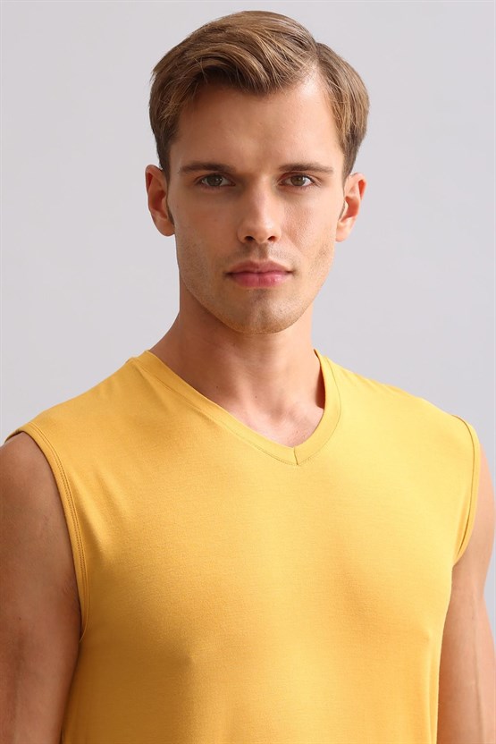 Mısırlı ORGANIC Pamuklu ZEUS LUXURY Regular Fit V Yaka Sporcu Atlet / T-Shirt Hardal