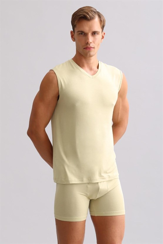 Mısırlı ORGANIC Pamuklu ZEUS LUXURY Regular Fit V Yaka Sporcu Atlet / T-Shirt Haki Ada