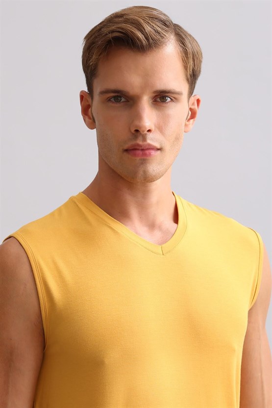 Mısırlı ORGANIC Pamuklu ZEUS LUXURY Regular Fit V Yaka Sporcu Atlet / T-Shirt Hardal