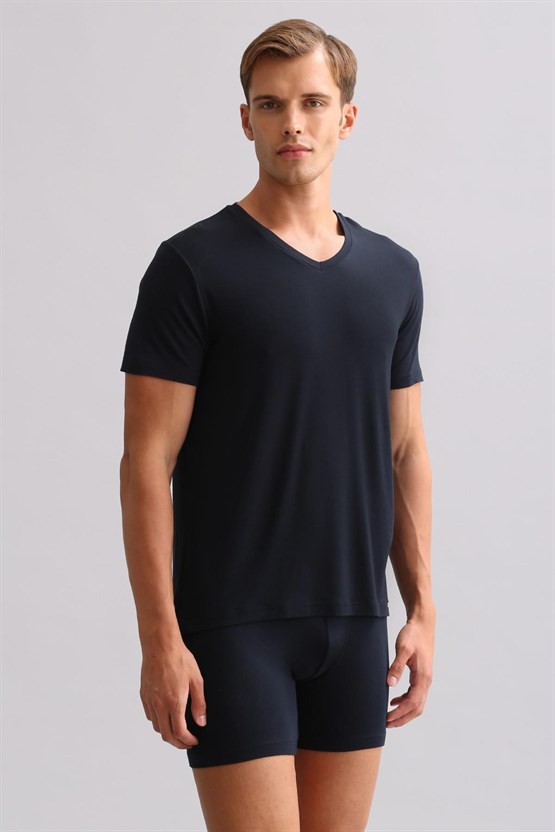 Mısırlı ORGANIC Pamuklu ZEUS LUXURY Regular Fit V Yaka Fanila / T-Shirt Lacivert