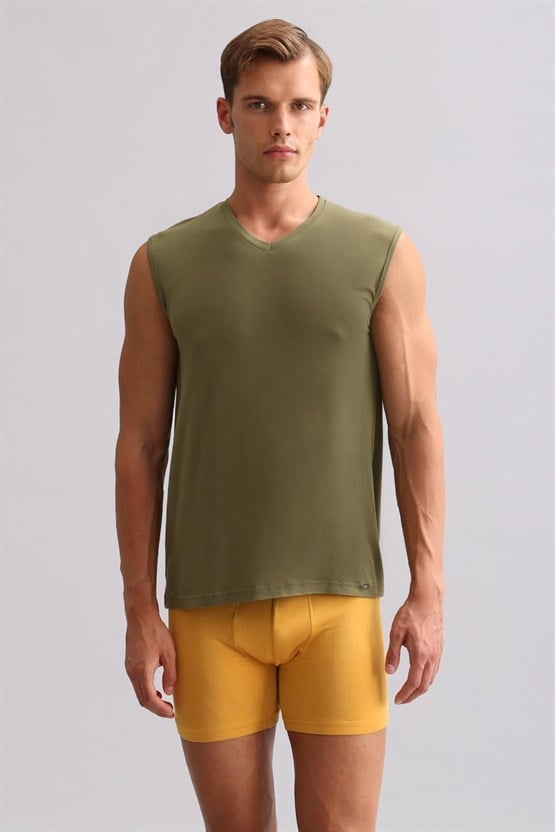 Mısırlı ORGANIC Pamuklu ZEUS LUXURY Regular Fit V Yaka Sporcu Atlet / T-Shirt Haki Zeytin