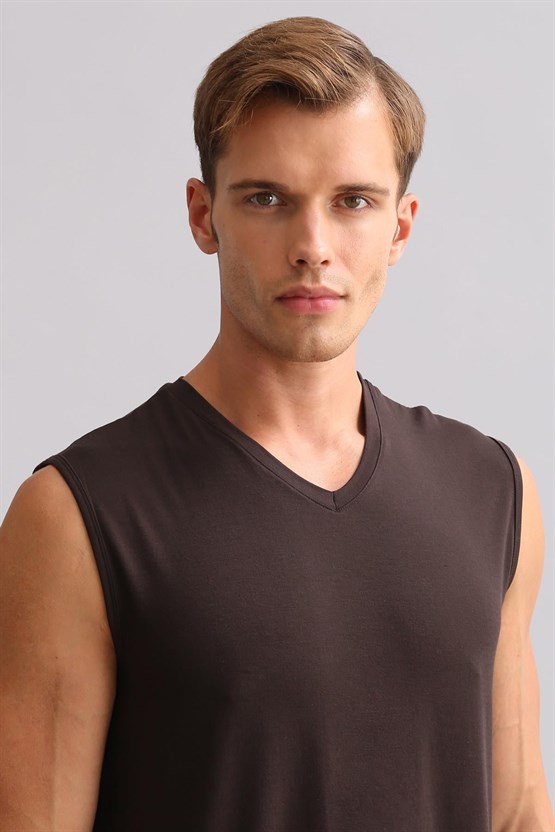 Mısırlı ORGANIC Pamuklu ZEUS LUXURY Regular Fit V Yaka Sporcu Atlet / T-Shirt Kahverengi