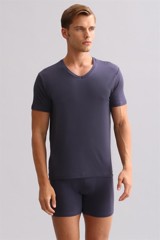 Mısırlı ORGANIC Pamuklu ZEUS LUXURY Regular Fit V Yaka Fanila / T-Shirt Antrasit