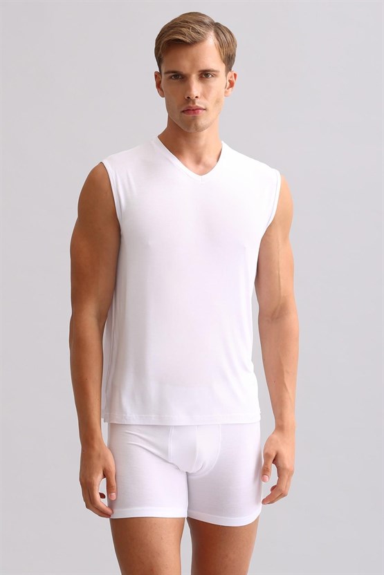 Mısırlı ORGANIC Pamuklu ZEUS LUXURY Regular Fit V Yaka Sporcu Atlet / T-Shirt Beyaz