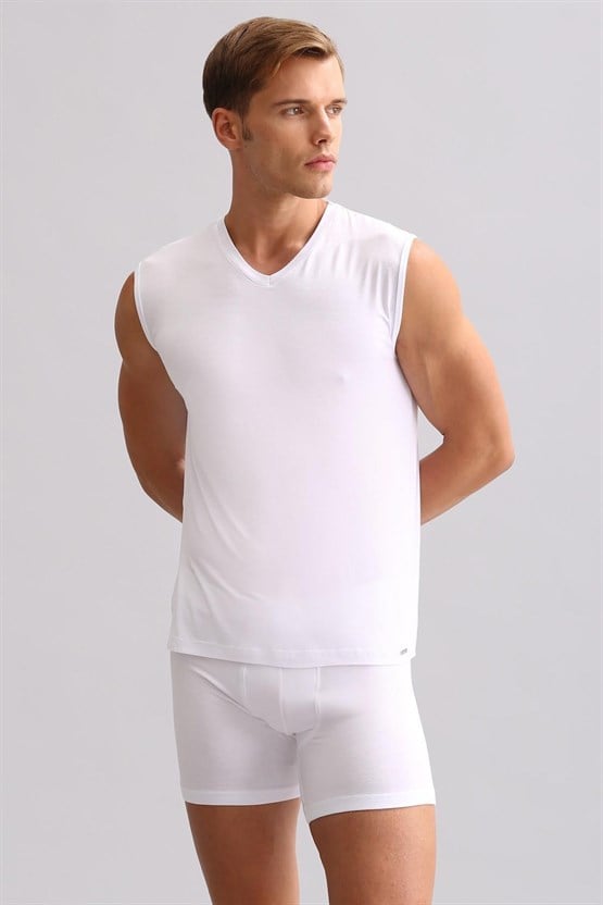 Mısırlı ORGANIC Pamuklu ZEUS LUXURY Regular Fit V Yaka Sporcu Atlet / T-Shirt Beyaz