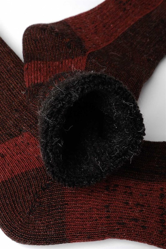 Mısırlı Unisex Alpaka Yünü Havlu Kışlık Soket Çorap Kahverengi/Kırmızı