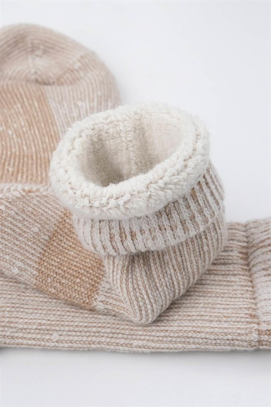 Mısırlı Unisex Alpaka Yünü Havlu Kışlık Soket Çorap Ekru/Bej