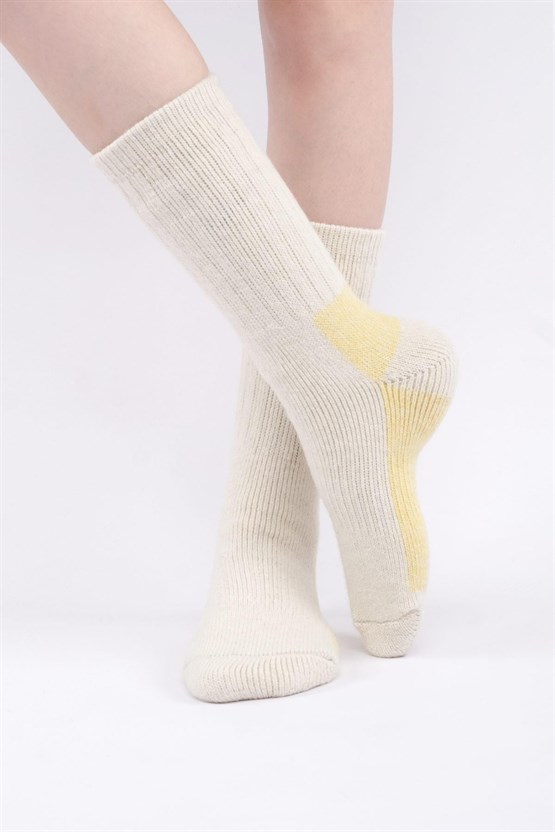 Mısırlı Unisex Alpaka Yünü Havlu Kışlık Soket Çorap Ekru/Sarı
