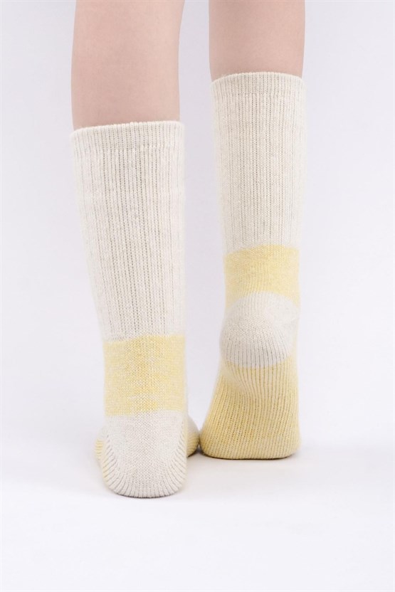 Mısırlı Unisex Alpaka Yünü Havlu Kışlık Soket Çorap Ekru/Sarı