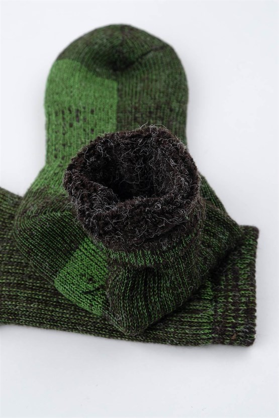 Mısırlı Unisex Alpaka Yünü Havlu Kışlık Soket Çorap Kahverengi/Yeşil