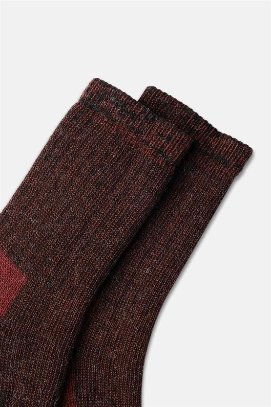 Mısırlı Unisex Alpaka Yünü Havlu Kışlık Soket Çorap Kahverengi/Kırmızı