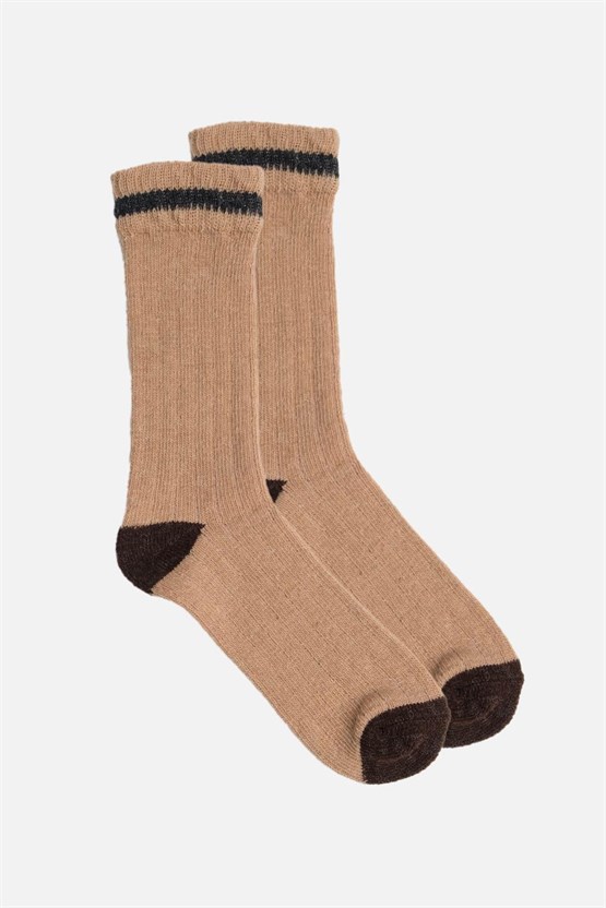 Mısırlı Unisex Alpaka Yünü Kışlık Çemberli Tekli Soket Çorap Bej